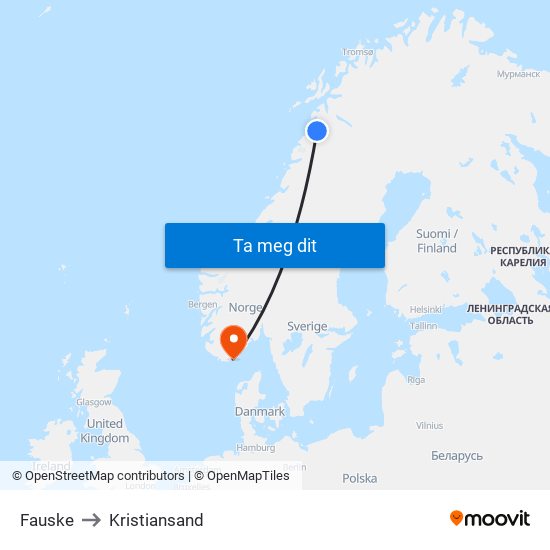 Fauske to Kristiansand map