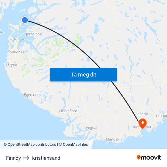 Finnøy to Kristiansand map