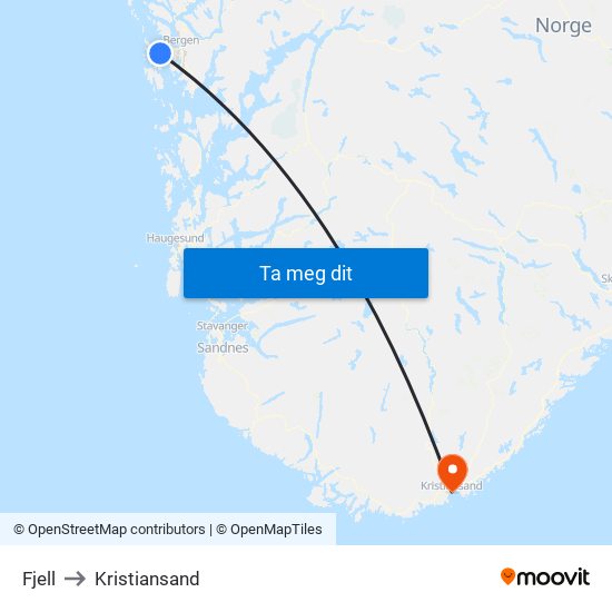 Fjell to Kristiansand map