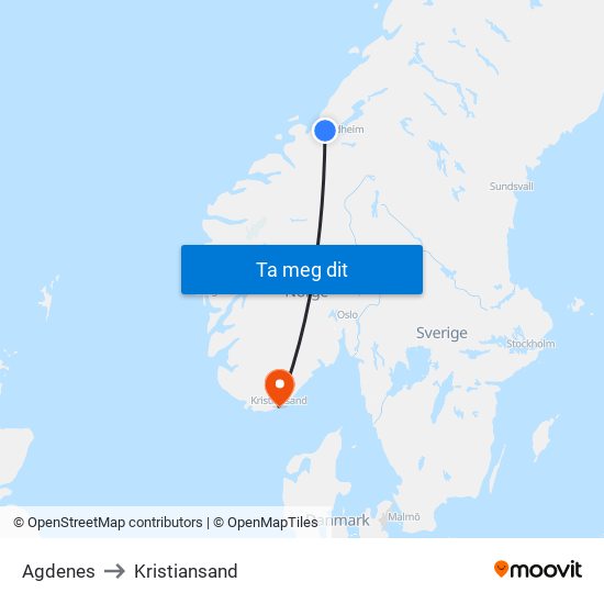 Agdenes to Kristiansand map