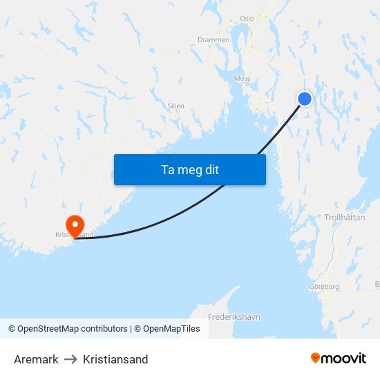 Aremark to Kristiansand map