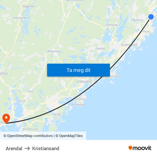 Arendal to Kristiansand map