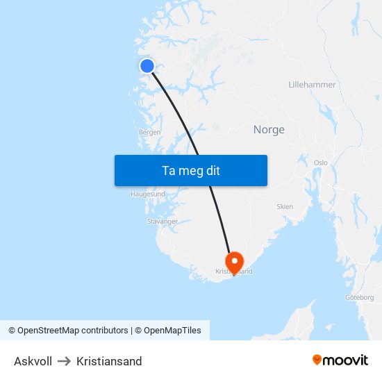 Askvoll to Kristiansand map