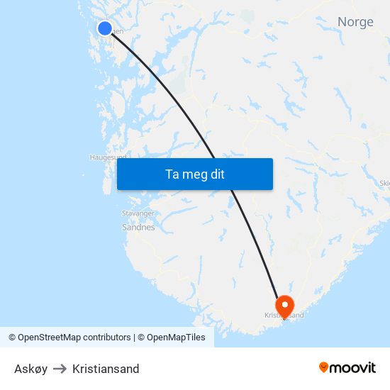 Askøy to Kristiansand map
