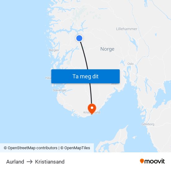 Aurland to Kristiansand map