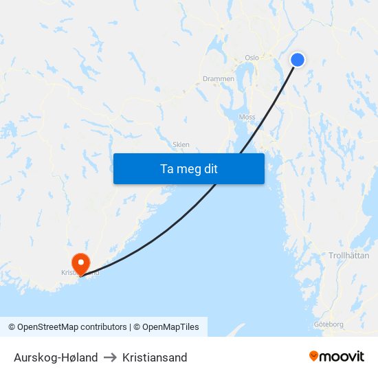 Aurskog-Høland to Kristiansand map
