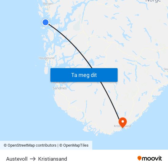 Austevoll to Kristiansand map