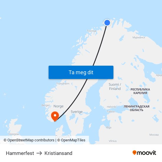 Hammerfest to Kristiansand map