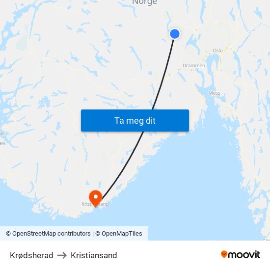 Krødsherad to Kristiansand map