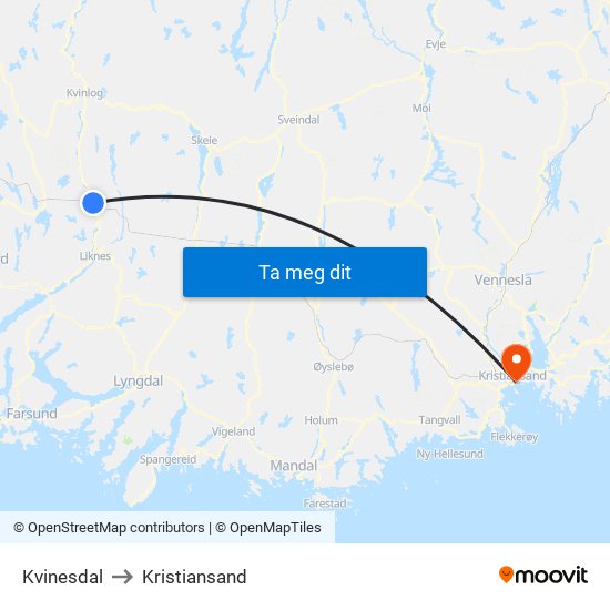 Kvinesdal to Kristiansand map