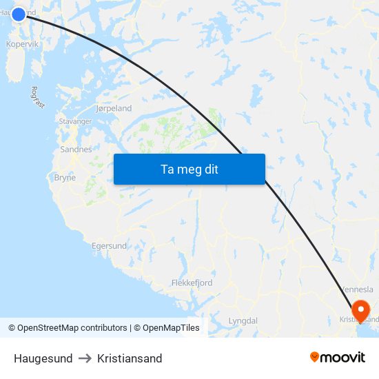 Haugesund to Kristiansand map