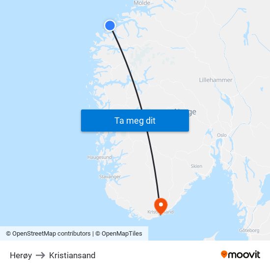 Herøy to Kristiansand map