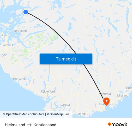 Hjelmeland to Kristiansand map