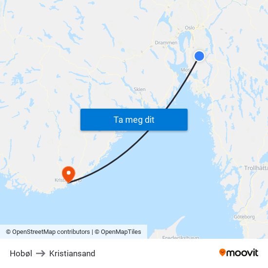 Hobøl to Kristiansand map