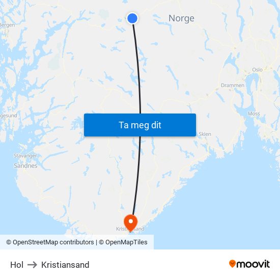 Hol to Kristiansand map