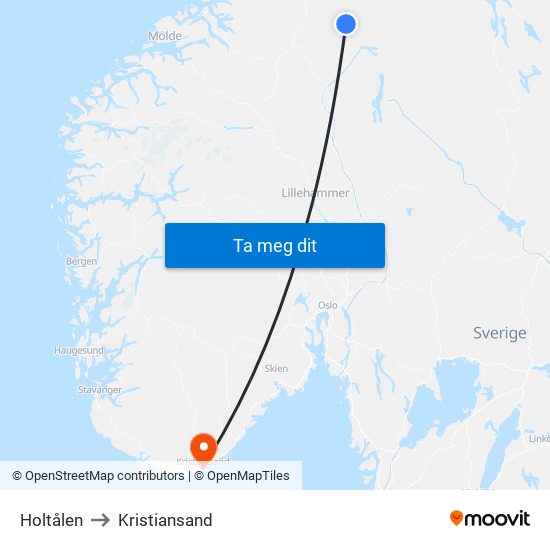 Holtålen to Kristiansand map
