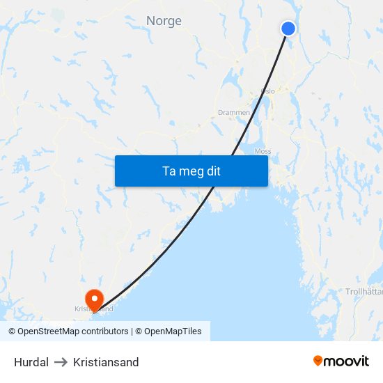 Hurdal to Kristiansand map