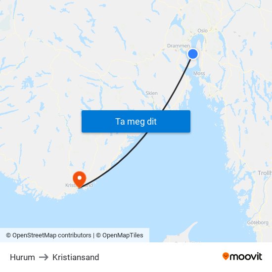 Hurum to Kristiansand map