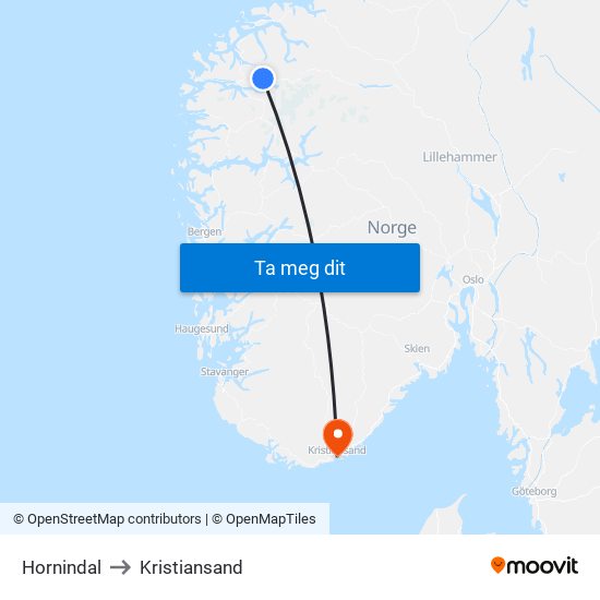 Hornindal to Kristiansand map
