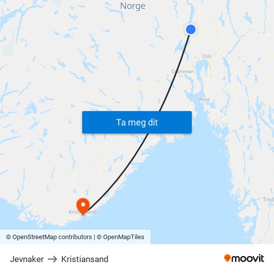 Jevnaker to Kristiansand map