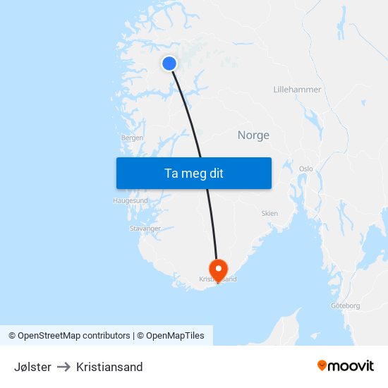 Jølster to Kristiansand map