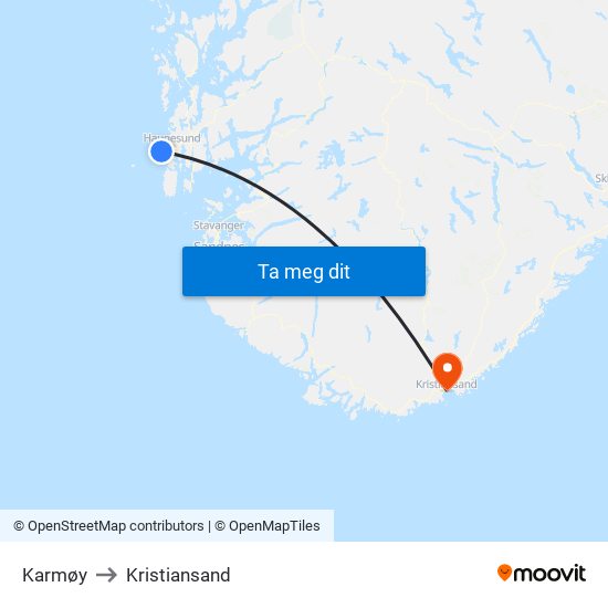 Karmøy to Kristiansand map