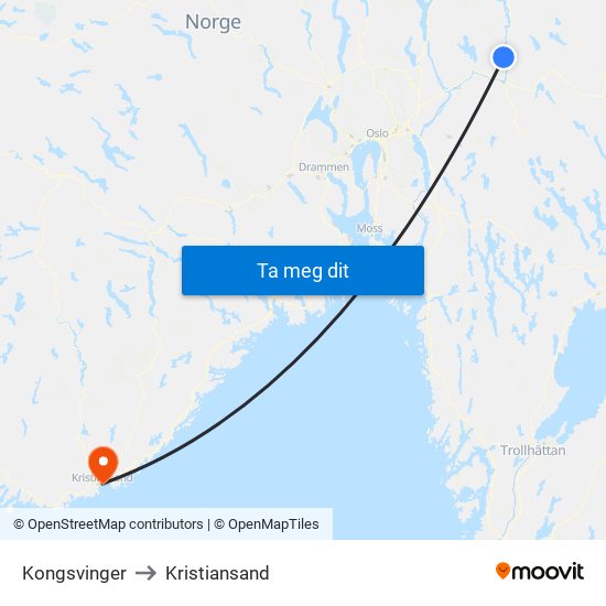 Kongsvinger to Kristiansand map