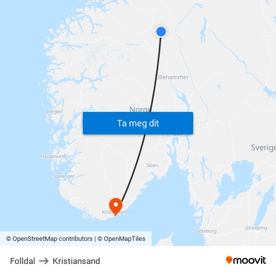 Folldal to Kristiansand map