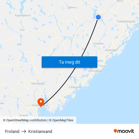 Froland to Kristiansand map