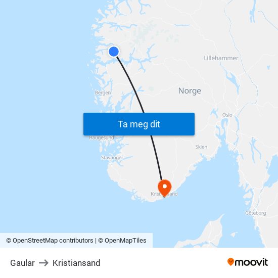 Gaular to Kristiansand map