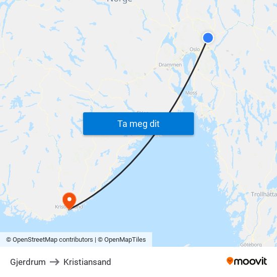 Gjerdrum to Kristiansand map