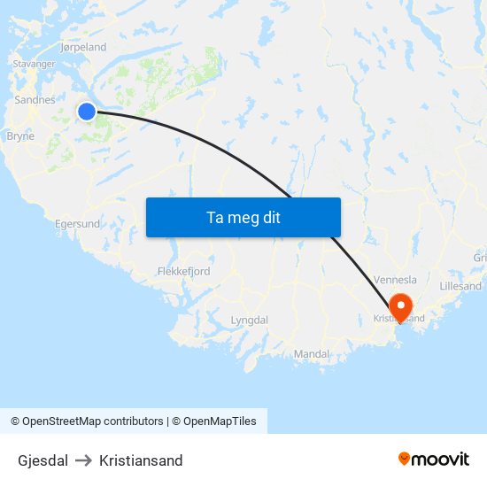 Gjesdal to Kristiansand map