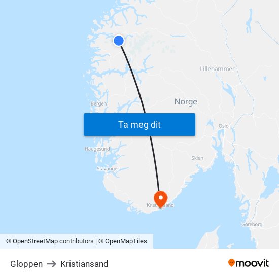 Gloppen to Kristiansand map