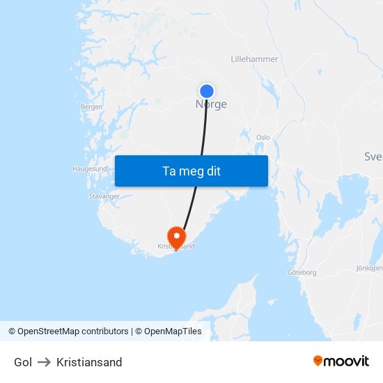 Gol to Kristiansand map