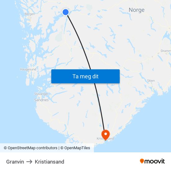 Granvin to Kristiansand map