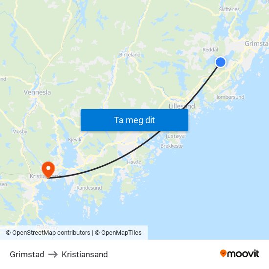 Grimstad to Kristiansand map