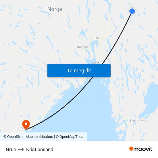 Grue to Kristiansand map