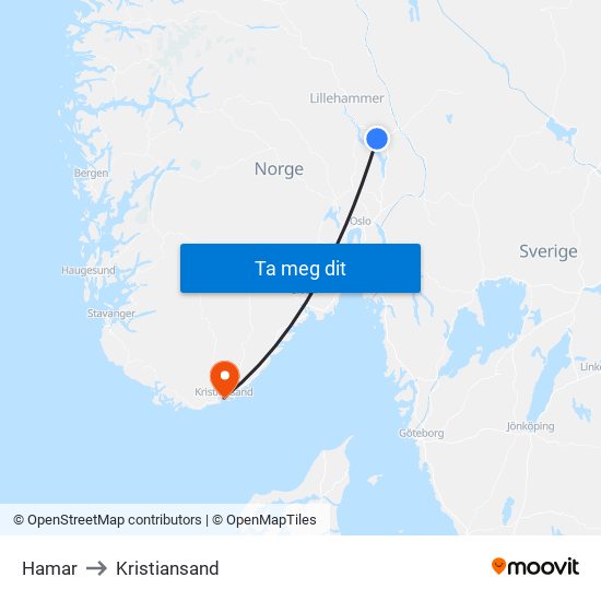 Hamar to Kristiansand map