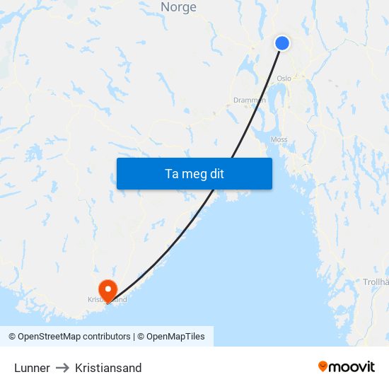 Lunner to Kristiansand map