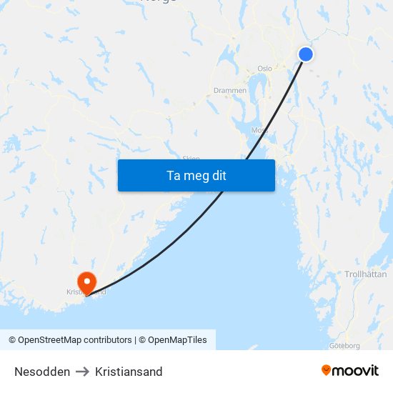 Nesodden to Kristiansand map
