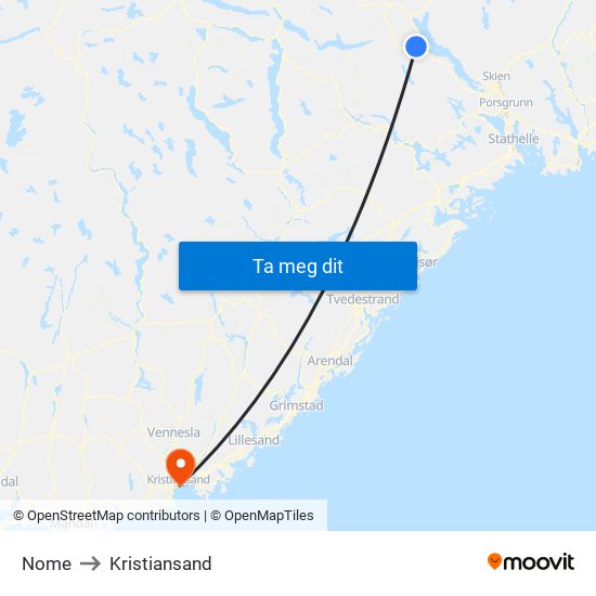 Nome to Kristiansand map