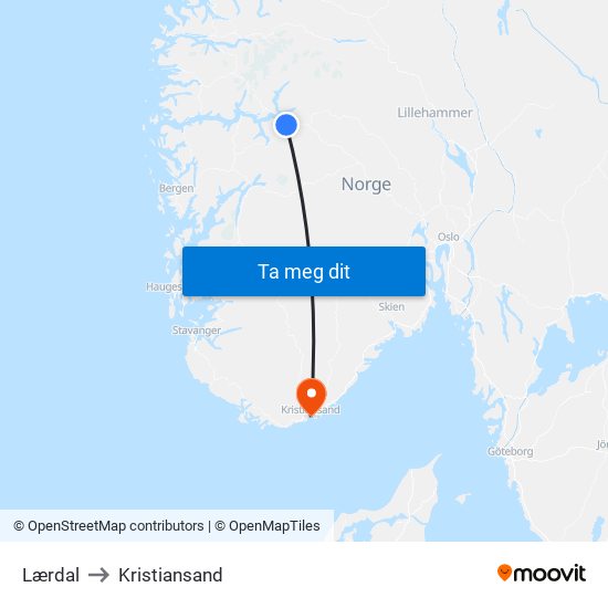 Lærdal to Kristiansand map