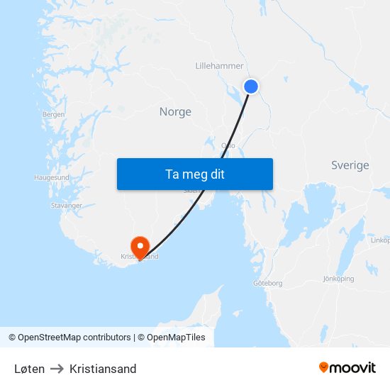 Løten to Kristiansand map