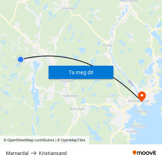 Marnardal to Kristiansand map