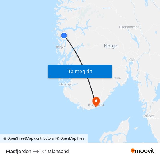 Masfjorden to Kristiansand map