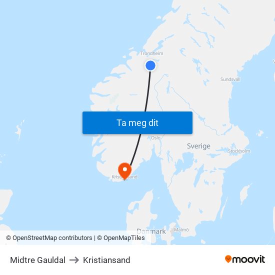 Midtre Gauldal to Kristiansand map