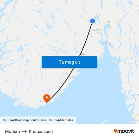 Modum to Kristiansand map