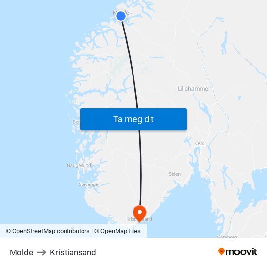 Molde to Kristiansand map