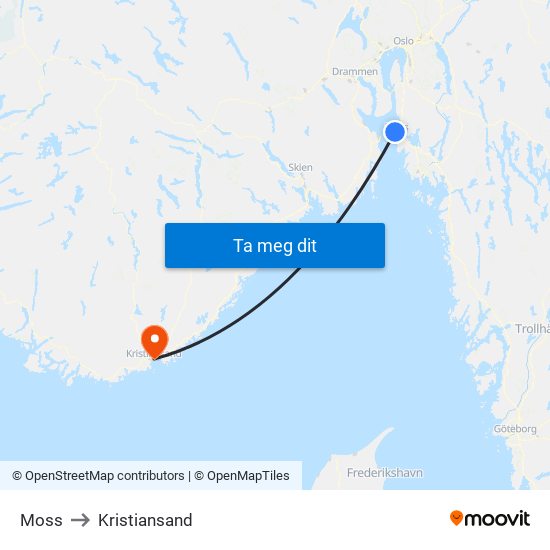 Moss to Kristiansand map