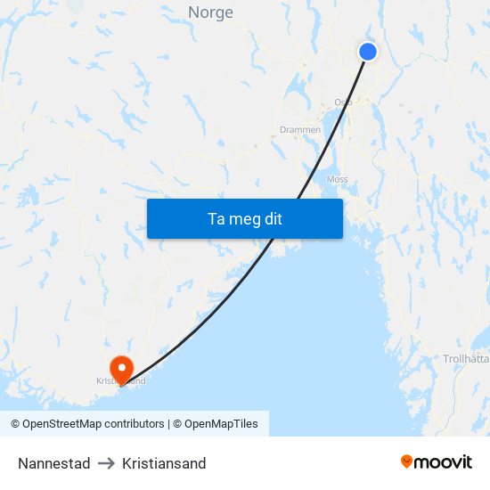 Nannestad to Kristiansand map